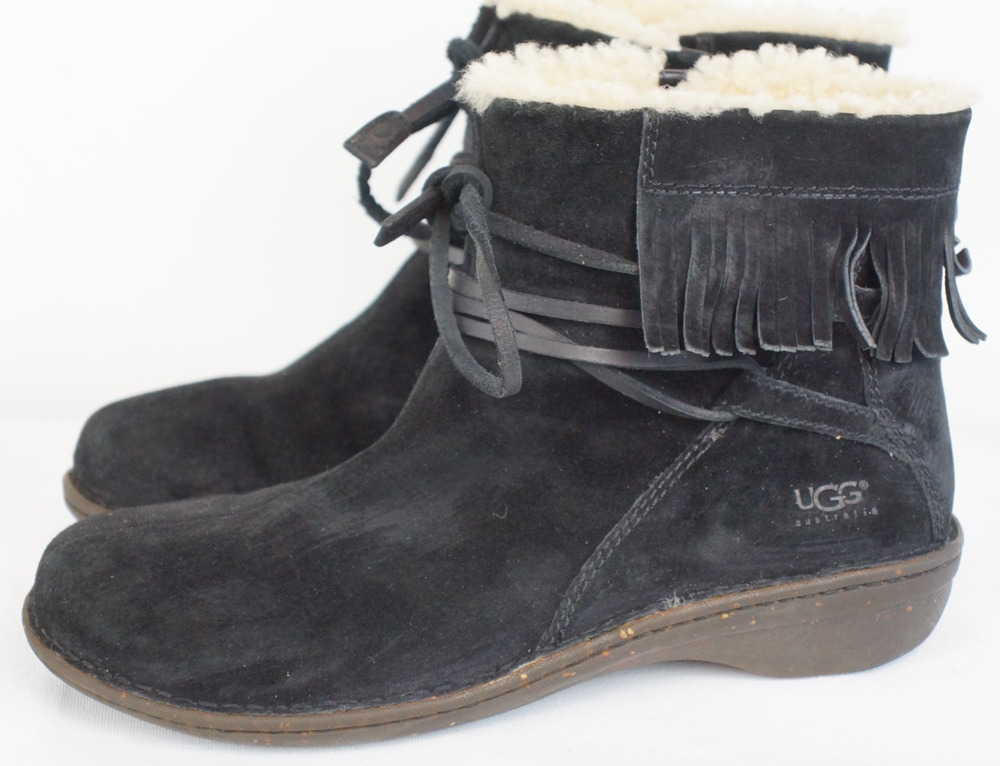 UGG Australia Gaviota Black Suede Fringe Ankle Boots Women's Size 10 5749